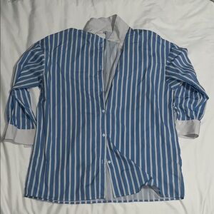 Blue and White Vertical Stripe Button-Up Shirt/ Shorts Set